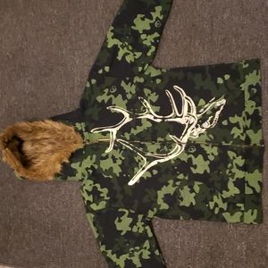 Cardboard Robot Camo zip up sweater W/ Faux Fur hood Size child L or Adult S